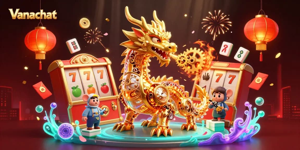 Engage in winning strategy conversations on Vanachat with golden dragon and animated slot machines.