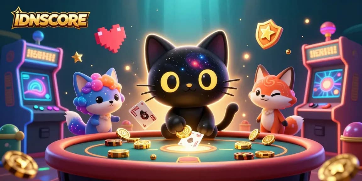 Play and win with IDNSCORE as a cosmic black hole cat and nebula fox bring excitement to your gaming experience.