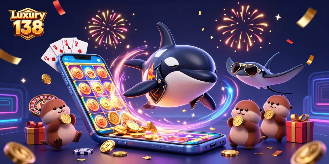 Experience Luxury 138 with a 3D casino scene featuring characters enjoying thrilling games and rewards.
