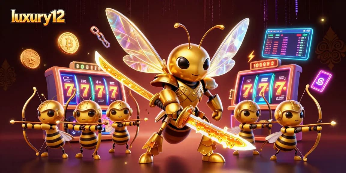 Engage with luxury12 in a vibrant casino scene featuring a golden hornet and slot game elements.