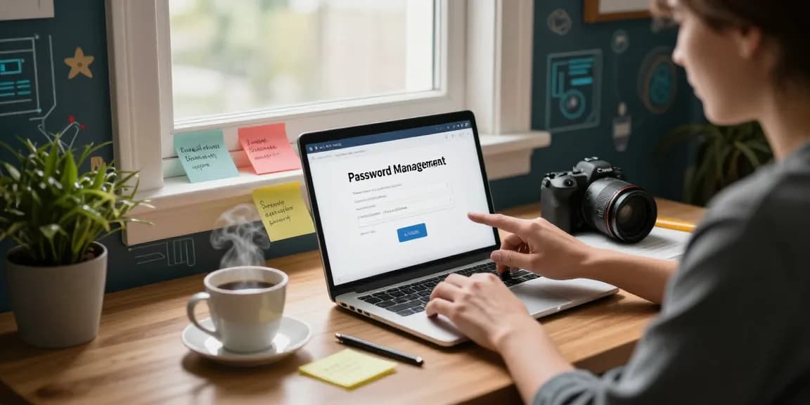 Password entry at home office for securing 상봉동 한국관 content, featuring laptop and cozy decor.