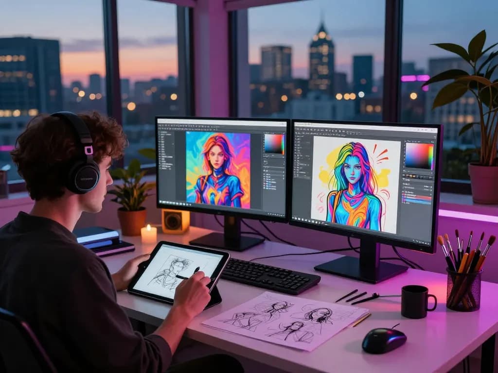Creative workspace showcasing digital art focused on nsfw ai, artist engaged in design with colorful screens and urban skyline.