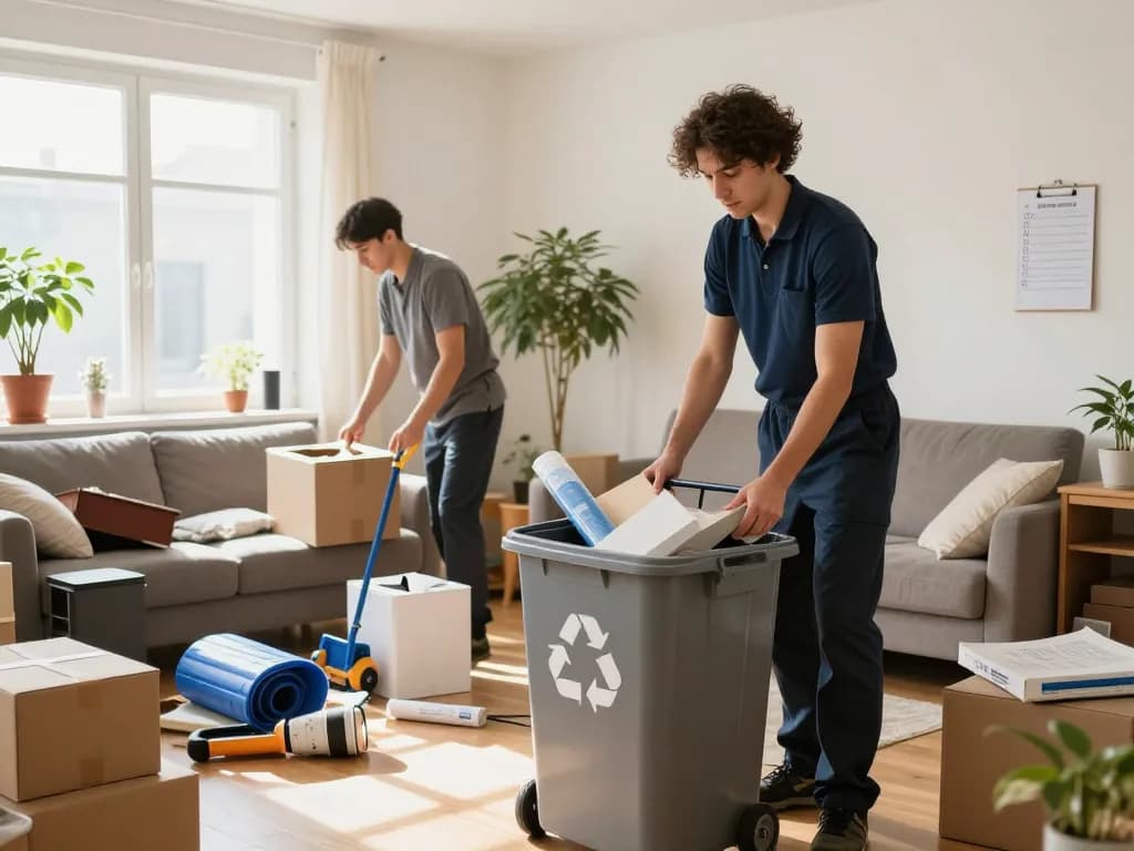 Effizienter Entrümpelungsprozess für Entrümpelung Wien in einem hellen Wohnzimmer, das ein professionelles Team zeigt, das Gegenstände organisiert.