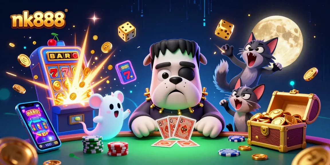 nk888 showcases an exciting casino environment with a Frankenstein bulldog dealing cards and a jackpot explosion of coins.