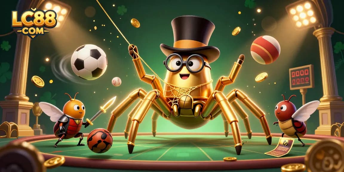 Engage with the dynamic gaming scene at LC88 COM featuring golden tarantula and sports elements.