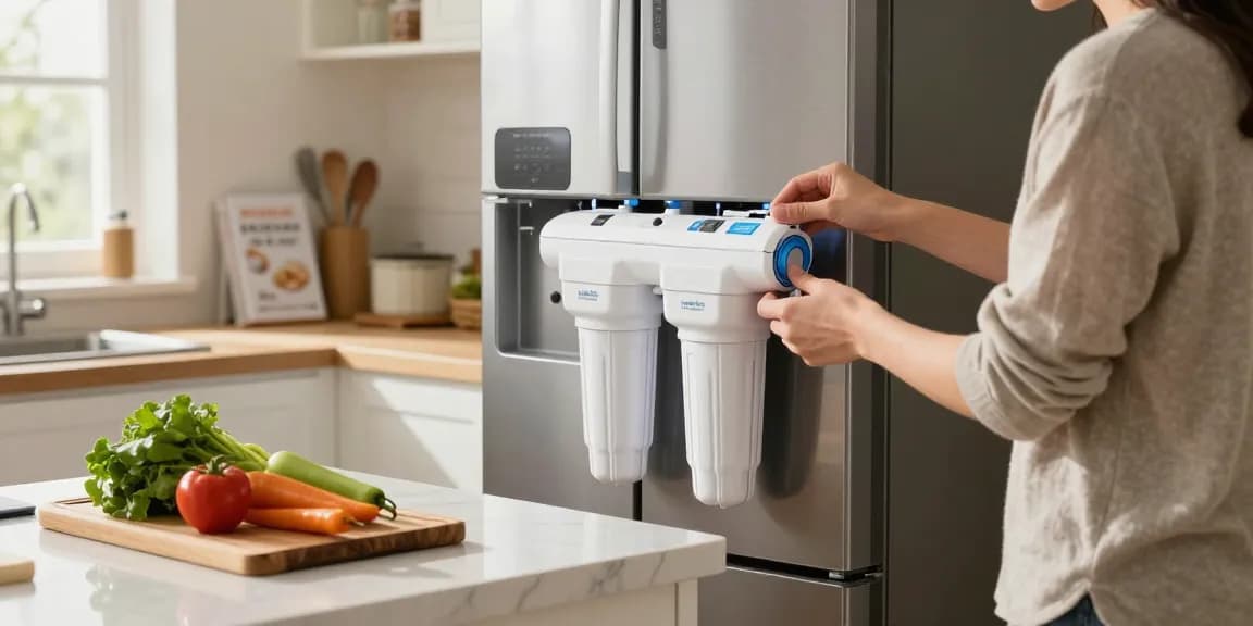 Maxblue ADQ73613401 Refrigerator Water Filter being installed in a modern kitchen for clean cooking water.