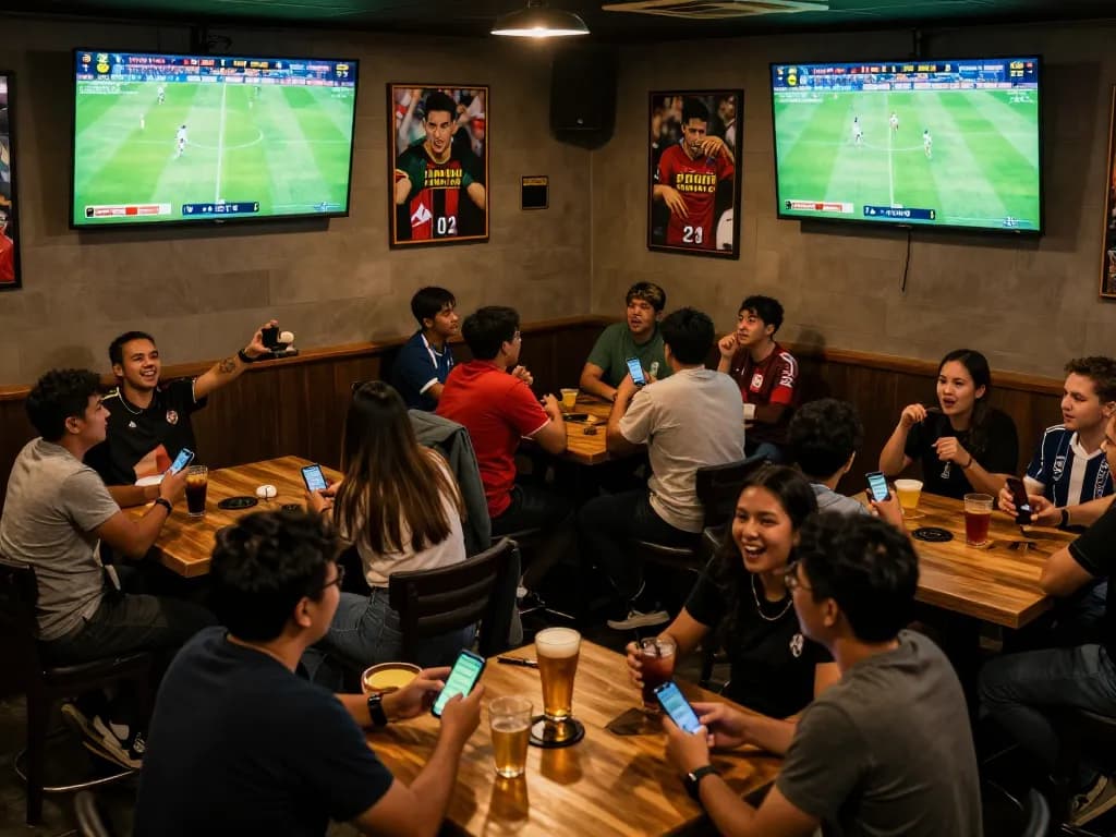 Engaged sports fans using keonhacaii88 for live betting during an exciting soccer match at a sports bar.