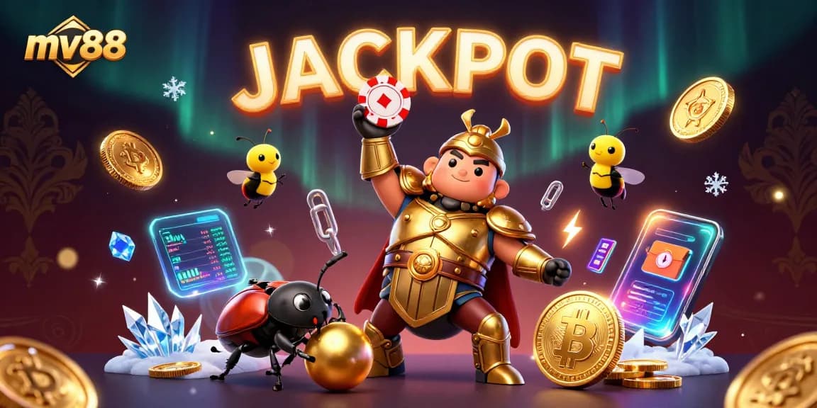 Experience thrilling wins at mv88 with a victorious hercules beetle and glowing crypto elements!