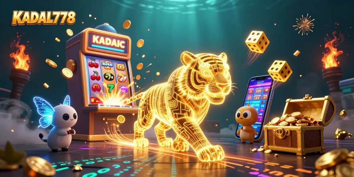 Experience the excitement of KADAL778 with a vibrant 3D casino scene filled with jackpot winnings and dynamic elements.