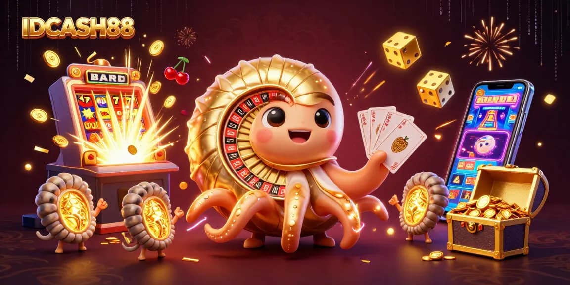 Experience the thrill of IDCASH88 with a vibrant 3D illustration showcasing gaming excitement and features.