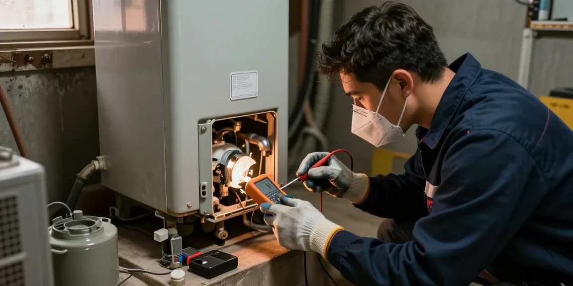 Emergency HVAC Repair technician diagnosing furnace issues with tools in a basement setting