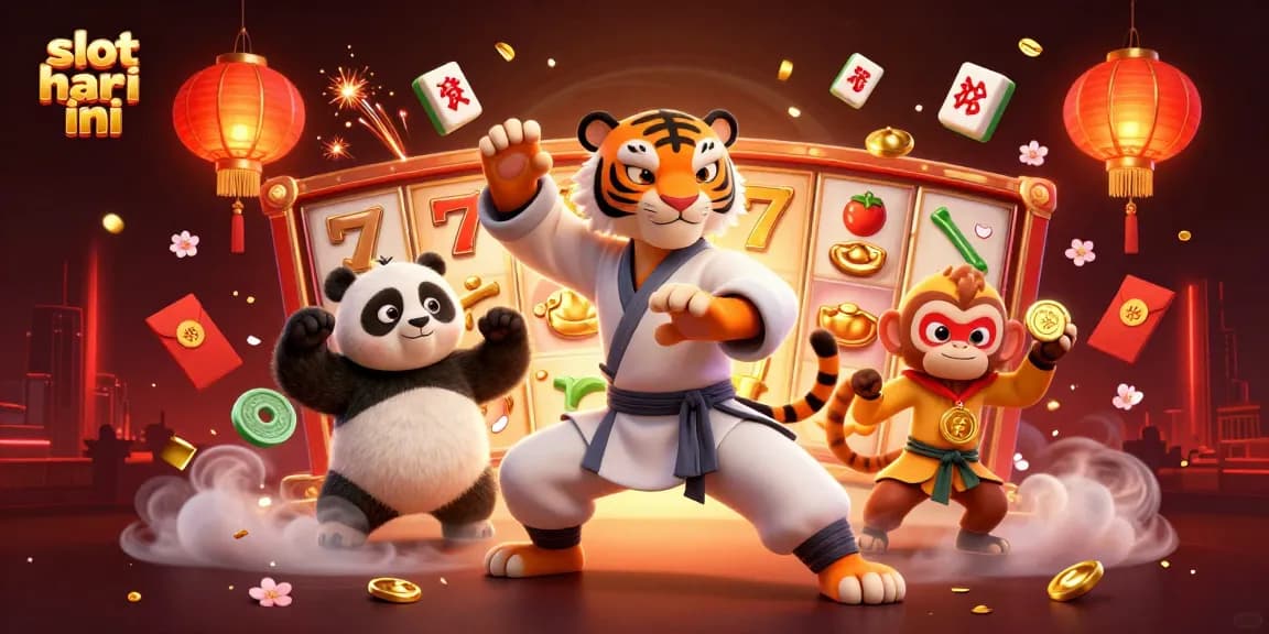 Slot hari ini menampilkan karakter kartun kung fu dalam aksi di atas mesin slot berkilau.