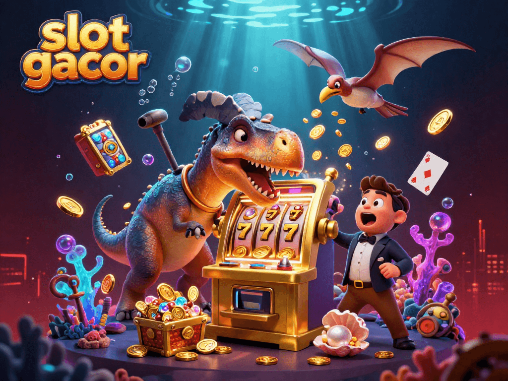 Engaging scene of slot gacor dinosaur dynamically interacting with a jackpot machine amidst flying coins and game elements