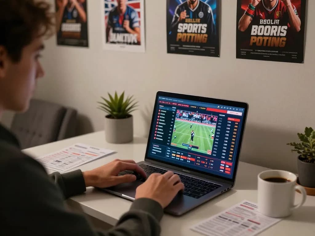 Person engaging in live sports betting on v9bet, analyzing odds and placing bets on laptop.