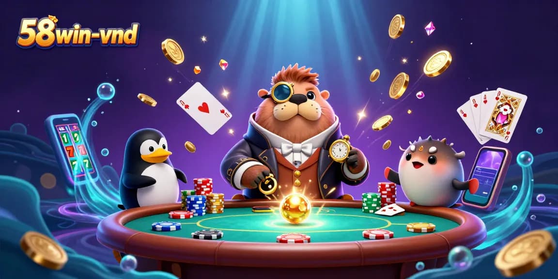 Experience the thrill of 58win-vnd's underwater poker scene with vibrant characters and dynamic gaming elements.