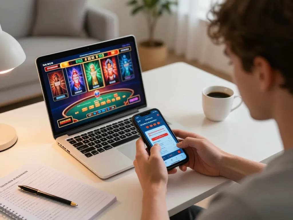 Muraibet mobile gaming action with a player intensely focusing on their smartphone during online casino play, emphasizing strategy and engagement.