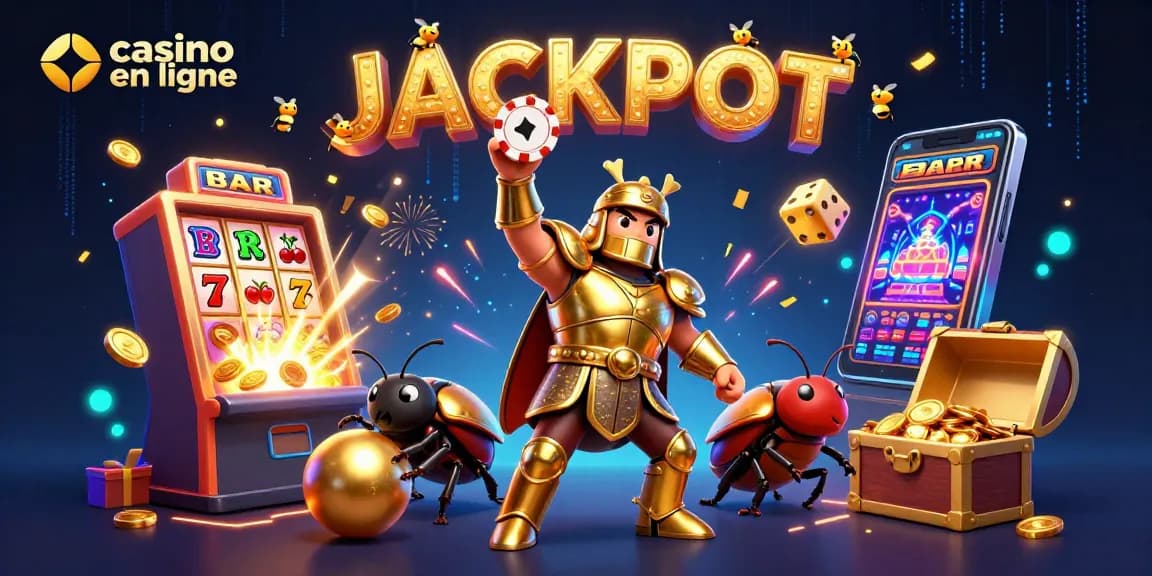 Les personnages de casino en ligne célèbrent le jackpot avec des rouleaux de machines à sous et des jetons scintillants.