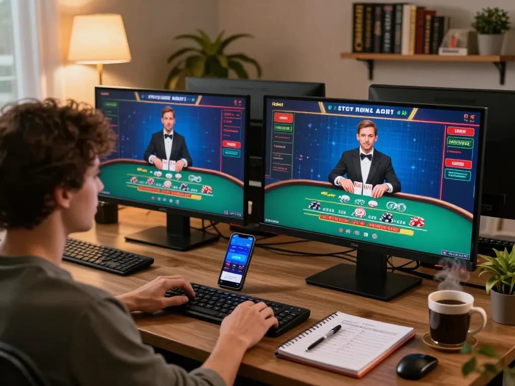 Player engaging with Fabet online casino on laptop, enjoying a live blackjack game and organized betting notes.