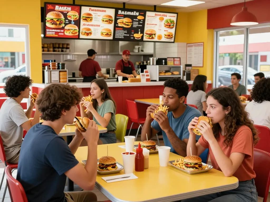 Gathering around a fast food menu featuring burgers and fries at a lively restaurant.