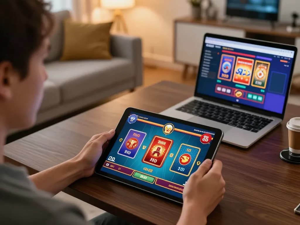 Engaging in online gameplay at home with 68gamebaivn, showcasing a stylish tablet interface and cozy setting