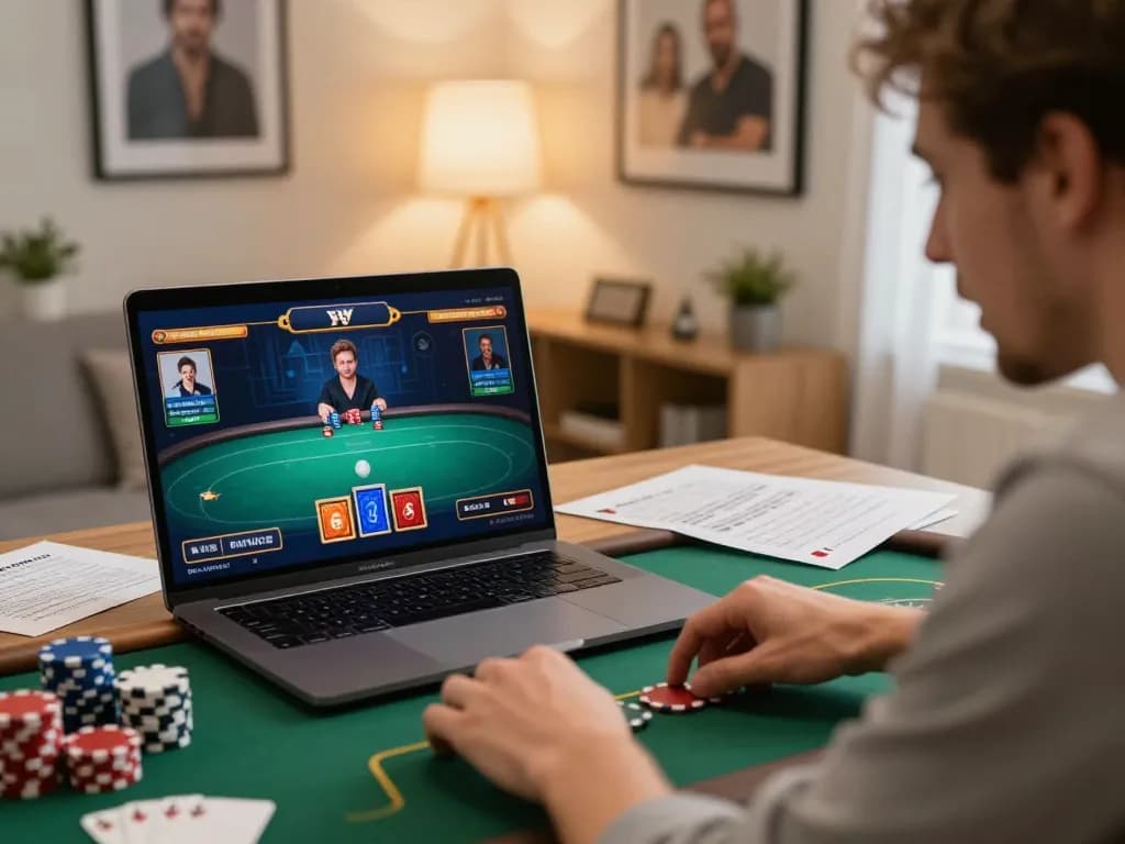 Player strategizing on sv368 online poker game in a cozy home office with warm lighting.
