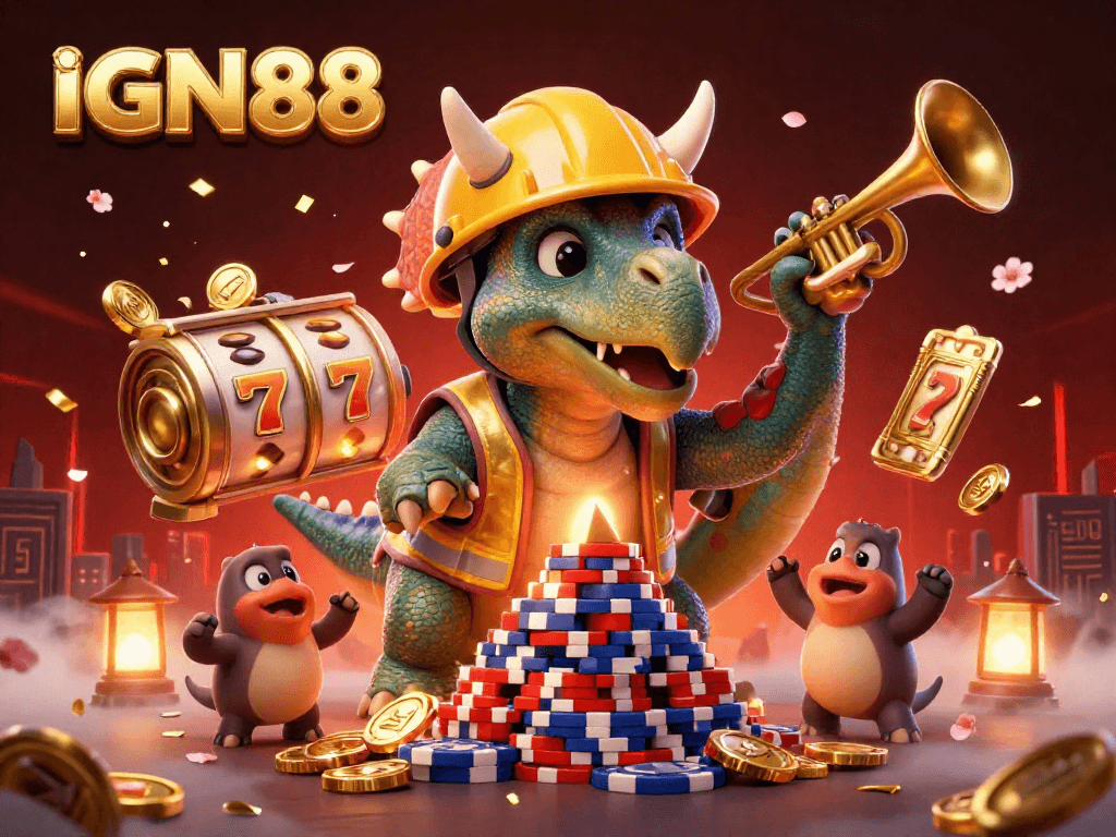 Experience excitement with IGN88 as a triceratops builds a poker chip pyramid amidst a lively casino scene.