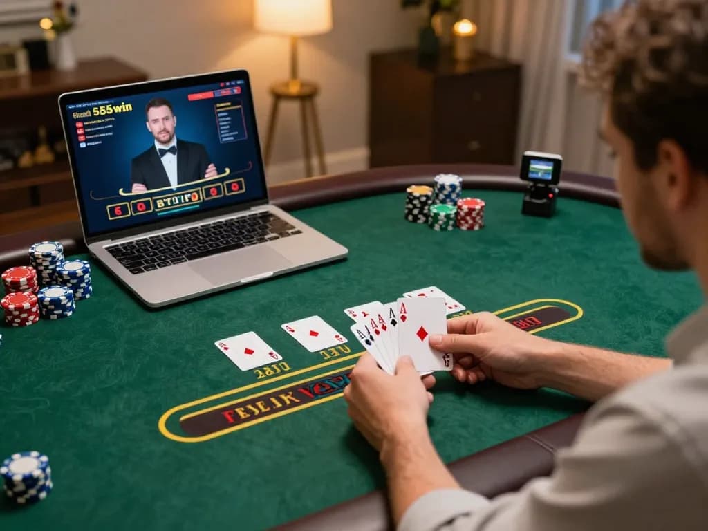 Player winning at blackjack online with 555win's exciting virtual casino game setup