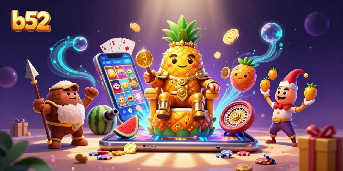 Engage with the vibrant b52 casino scene featuring a pineapple king and dynamic game elements.