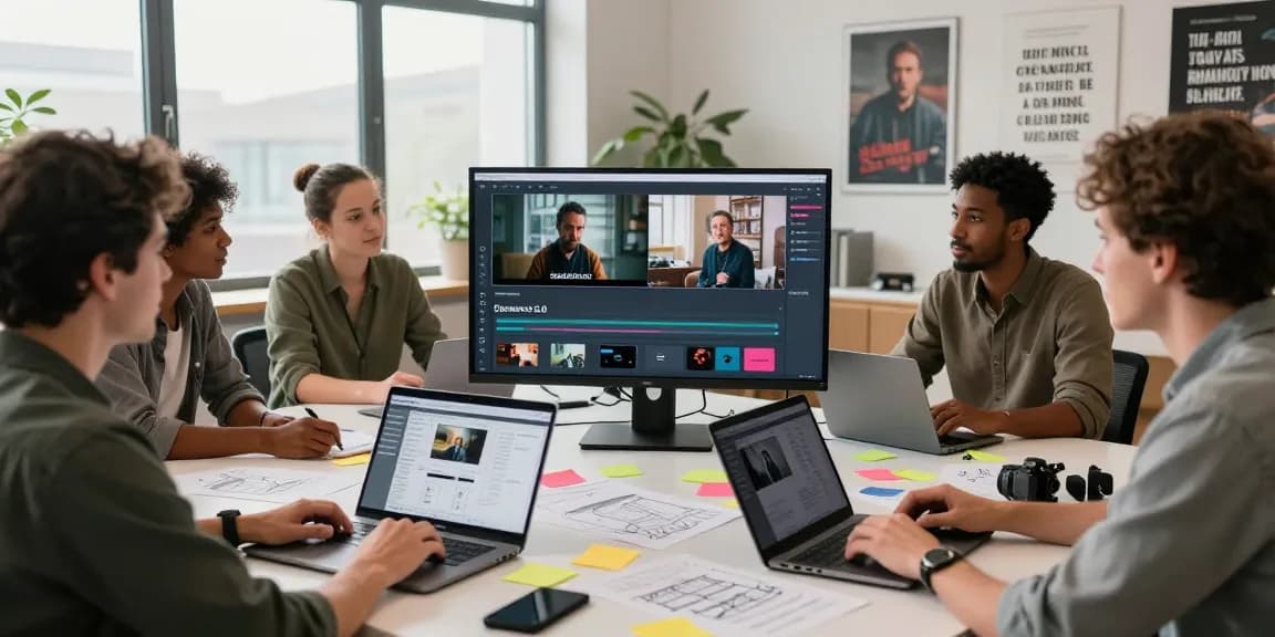 Creative professionals using ai seedance 2.0 to generate cinematic video content in a dynamic studio