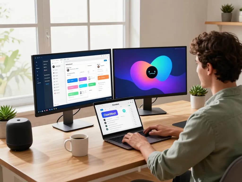 Engaged user interacting with Clawdbot AI assistant on dual monitors in modern workspace.