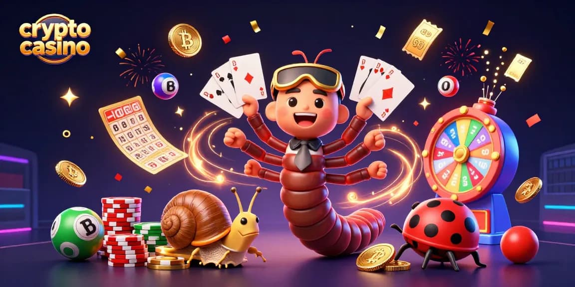 Gioca nei casinò crypto con un divertente dealer millepiedi e monete di Bitcoin, immerso in un'atmosfera festosa.