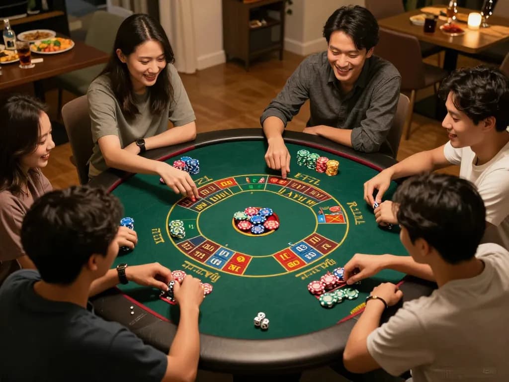Tai Xiu Online gameplay at home with friends and colorful chips visible, showcasing taixiuonline8 in a fun, engaging atmosphere.