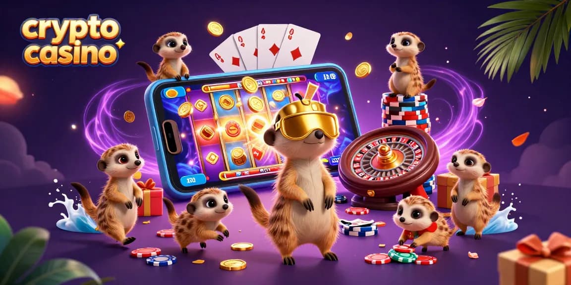 Gioca ai casino crypto mentre un gruppo di suricati gestisce il divertimento con fiches e smartphone.