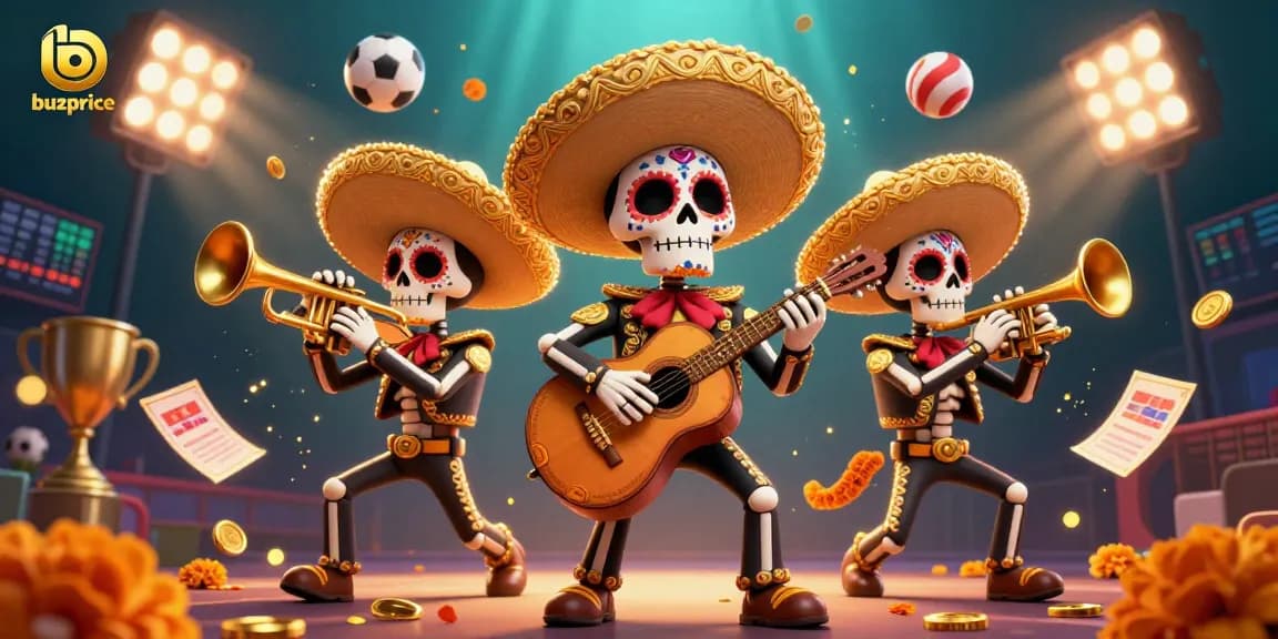 Experience the excitement of buzprice with a vibrant 3D scene featuring colorful characters and dynamic gambling elements.