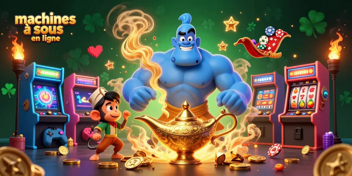 Jouez aux machines à sous en ligne avec une machine à sous magique entourée de pièces d'or et d'éléments de jeu colorés.