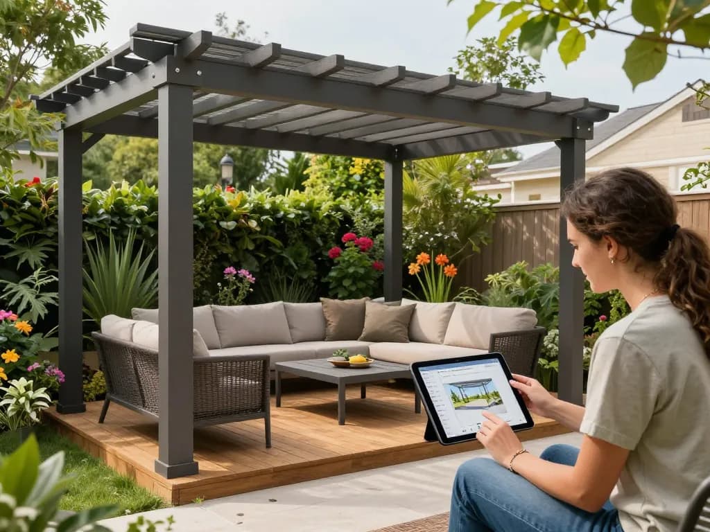 Interactive 3D Pergola Configurator showcasing real-time design in a vibrant garden.
