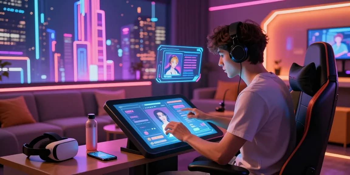 Engaging NSFW AI conversation in a modern digital lounge setting with immersive character interaction and advanced technology.
