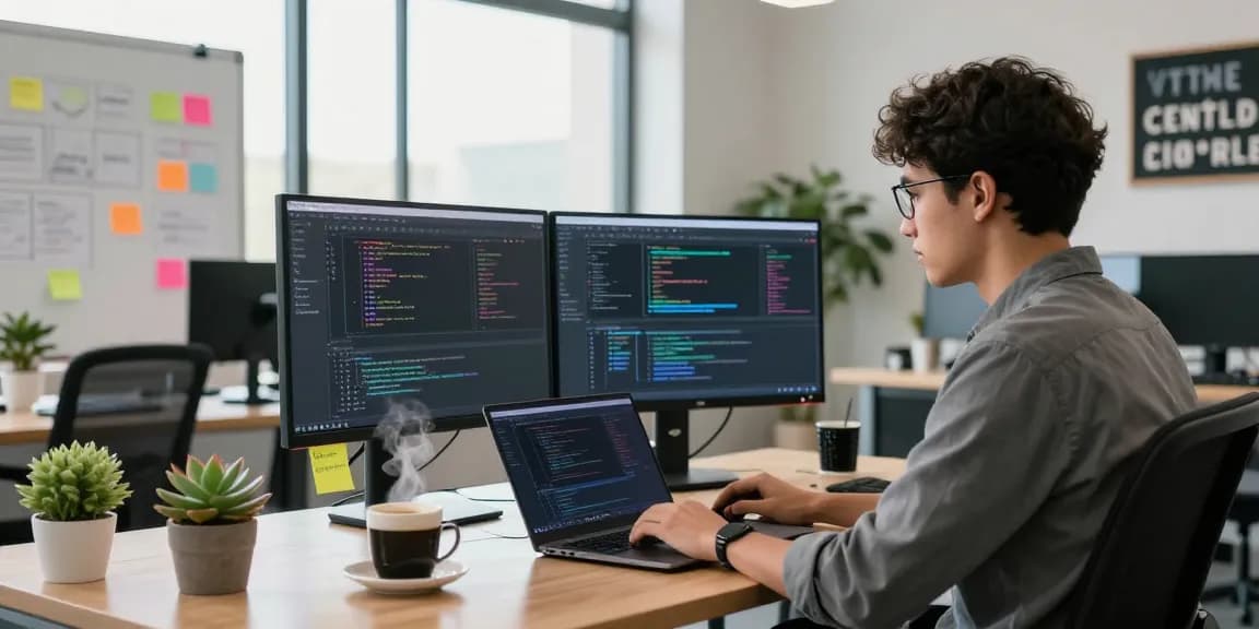 Dynamic digital workspace for telegraimin.com developer with modern coding setup and vibrant atmosphere