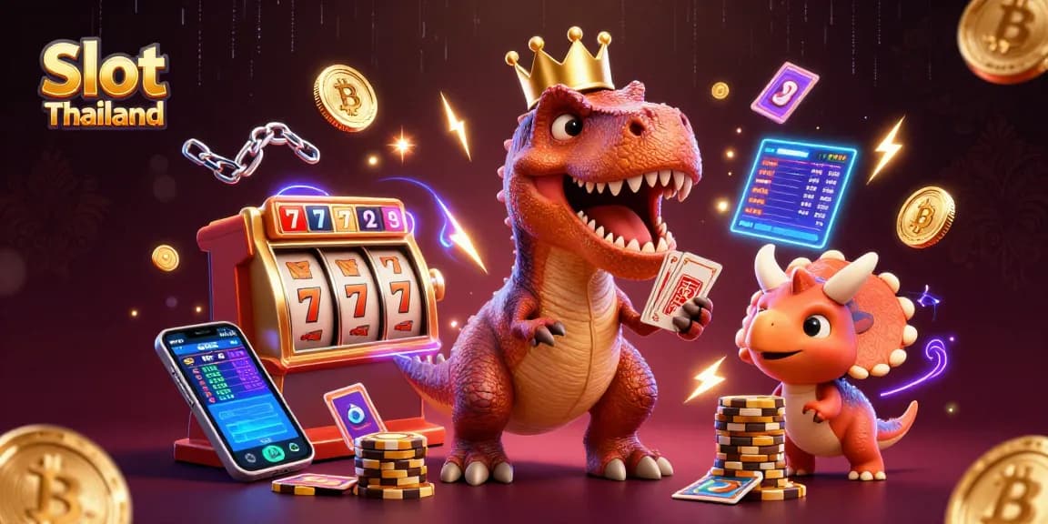 Slot Thailand menampilkan T-Rex lucu bermain kartu, dengan pterodactyl membantu dan triceratops menumpuk chip emas.