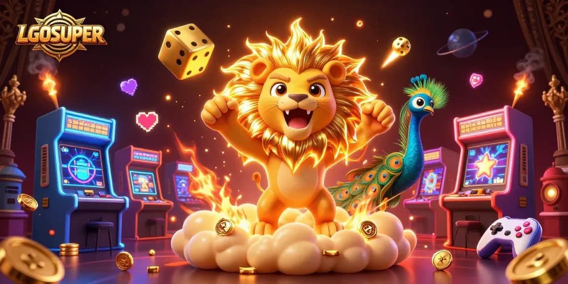 Experience the thrilling games at LGOSUPER with a vibrant 3D casino illustration featuring dynamic characters and elements.