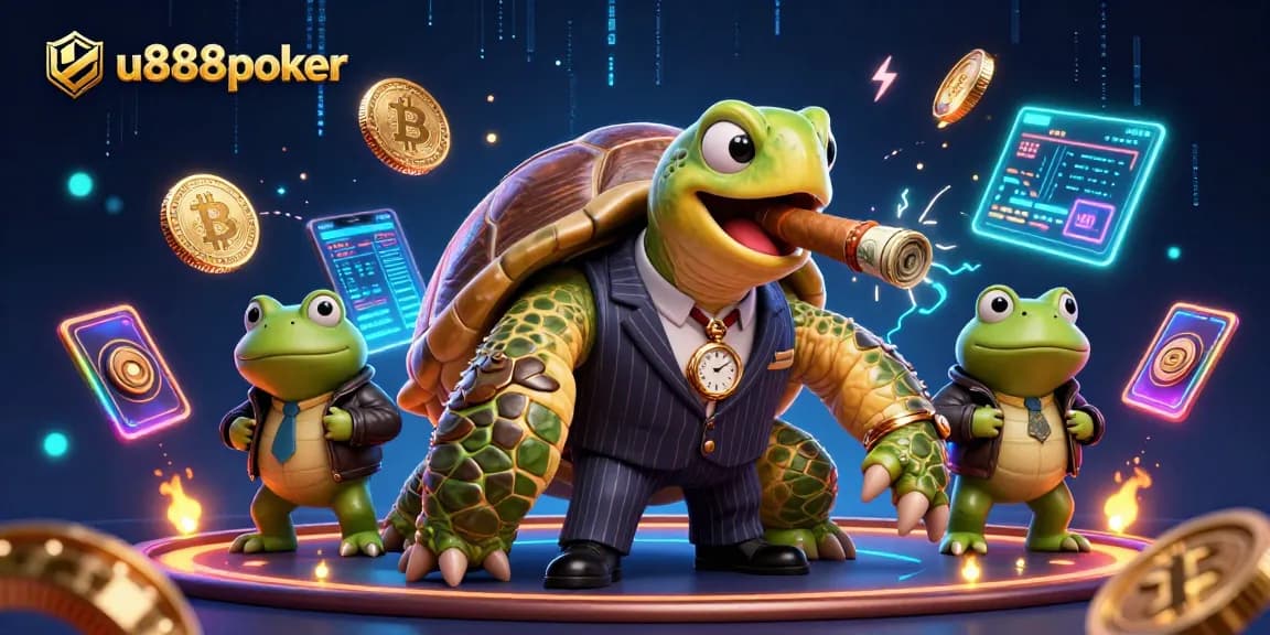 Join the excitement at u888poker with a vibrant scene featuring a mobster turtle and bullfrog enforcers.