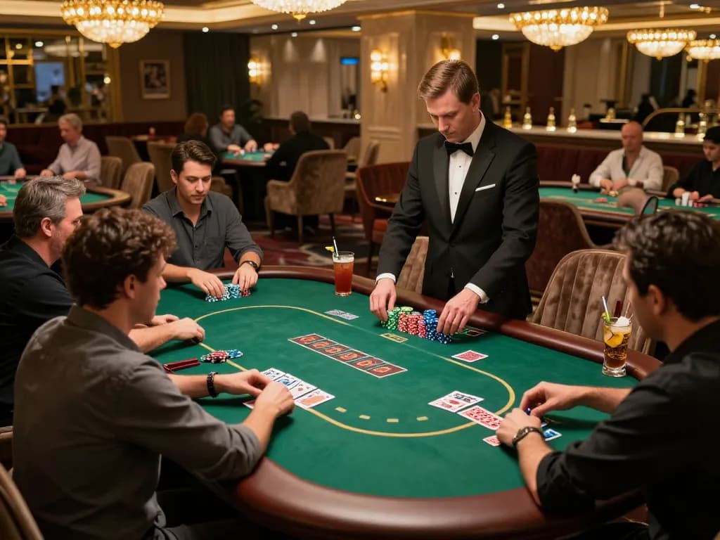 Thabet players strategizing in high-stakes poker session at luxurious casino.