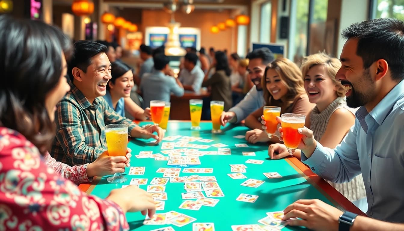 Players engaged in a lively game of yono rummy at a vibrant table filled with colorful cards.
