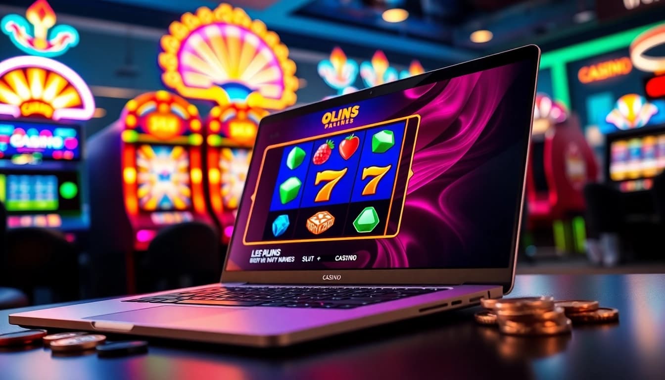 Engaging online slots UK experience displayed on a laptop with vibrant graphics and coins.