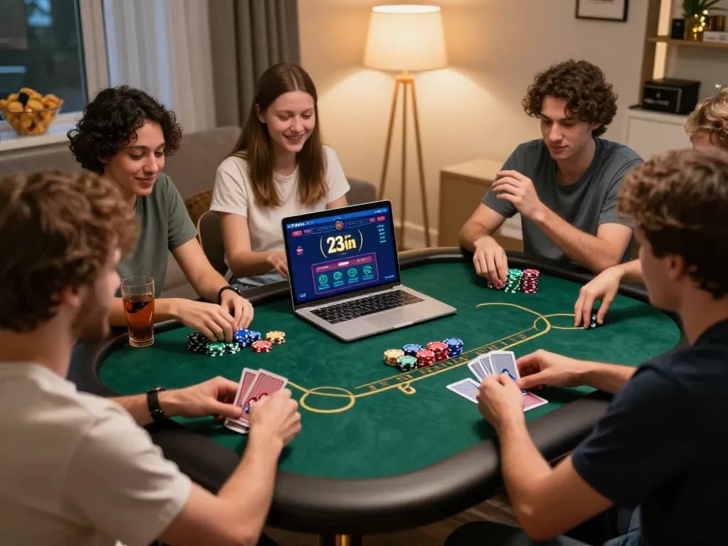 Engaged players enjoying poker on 23win at a cozy home gathering with colorful chips and drinks.