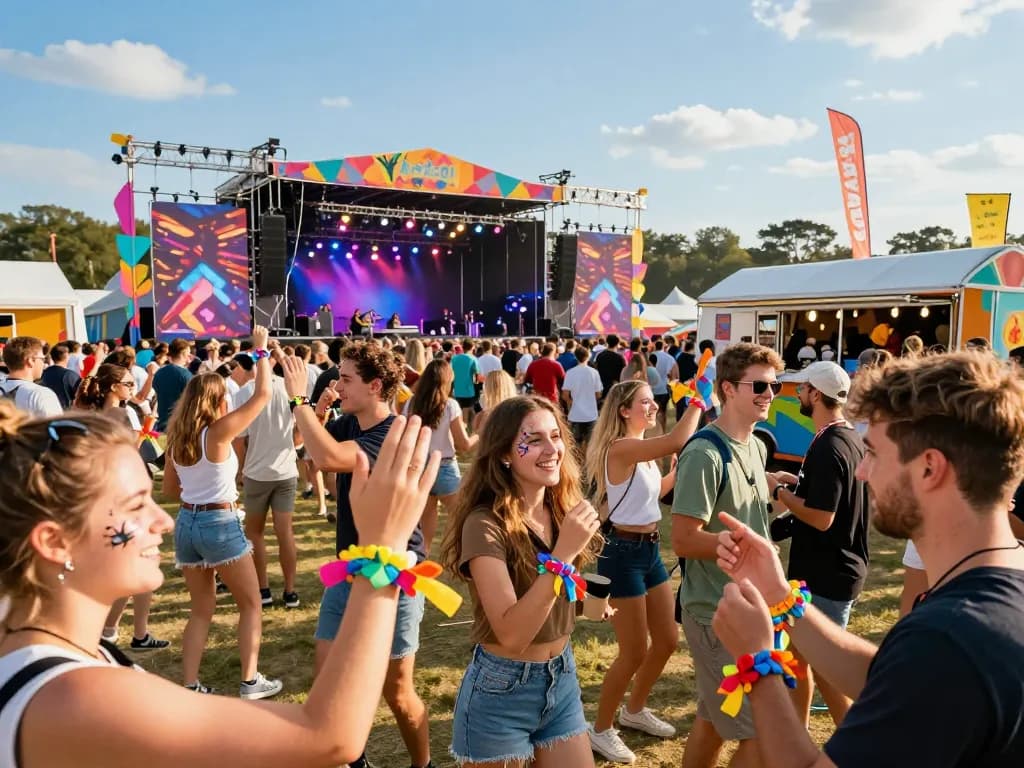 Festival setting with colorful eintrittsbänder stoff wristbands, energetic atmosphere and joyful crowds.