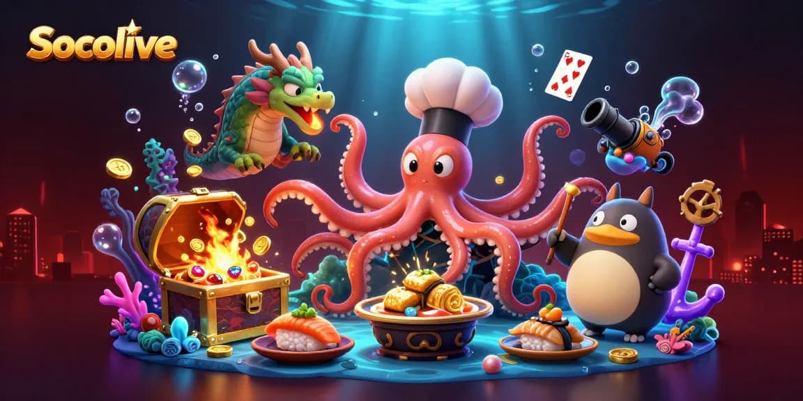 Socolive interactive illustration featuring a sushi chef octopus and a dragon preparing gourmet games.