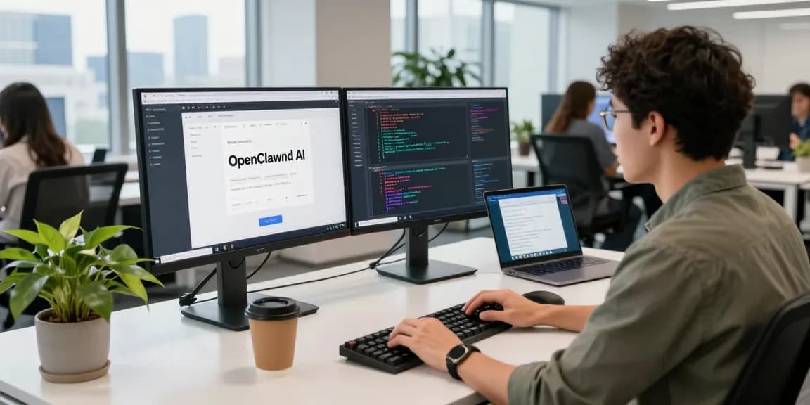 OpenClawd AI workspace with software developer coding and collaborating in a modern office setting.