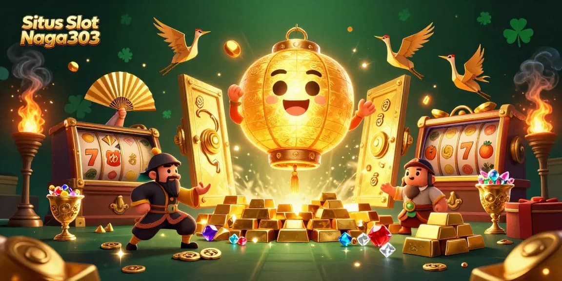 Situs Slot Naga303 showcases an enchanting scene with a golden lantern spirit, rich casino elements, and dynamic gaming symbols.