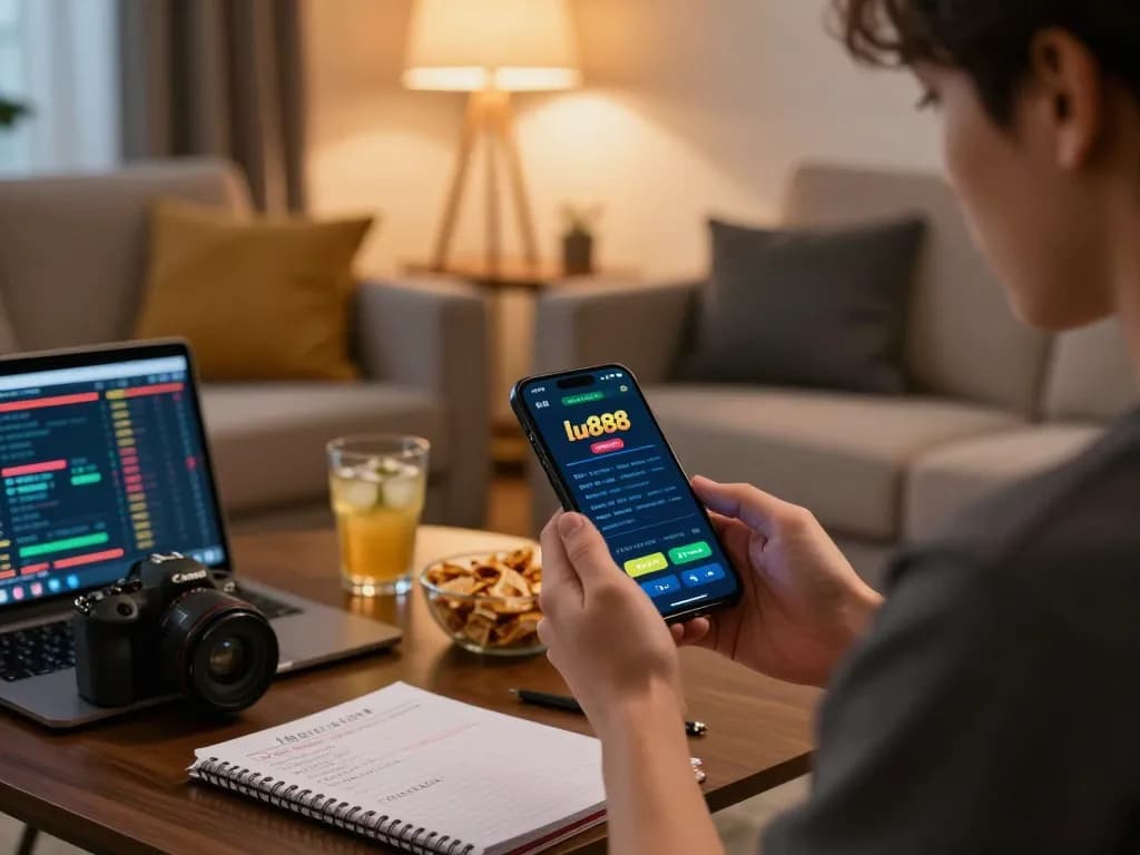 Using the lu888 app for mobile betting in a cozy living room, showcasing online gambling excitement.